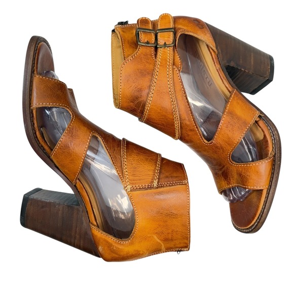 Bed Stu Ida Cage Sandals Womens Size 7.5 Tan Leather Peep Toe Block Heel Boho - Picture 7 of 11